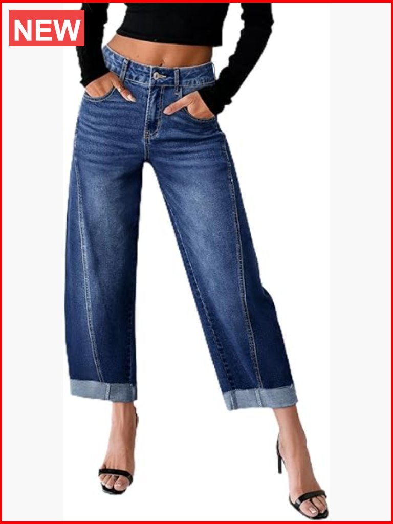 High Waisted Wide Leg Baggy Stretchy Raw Rolled Hem Cropped Ankle Denim Jeans